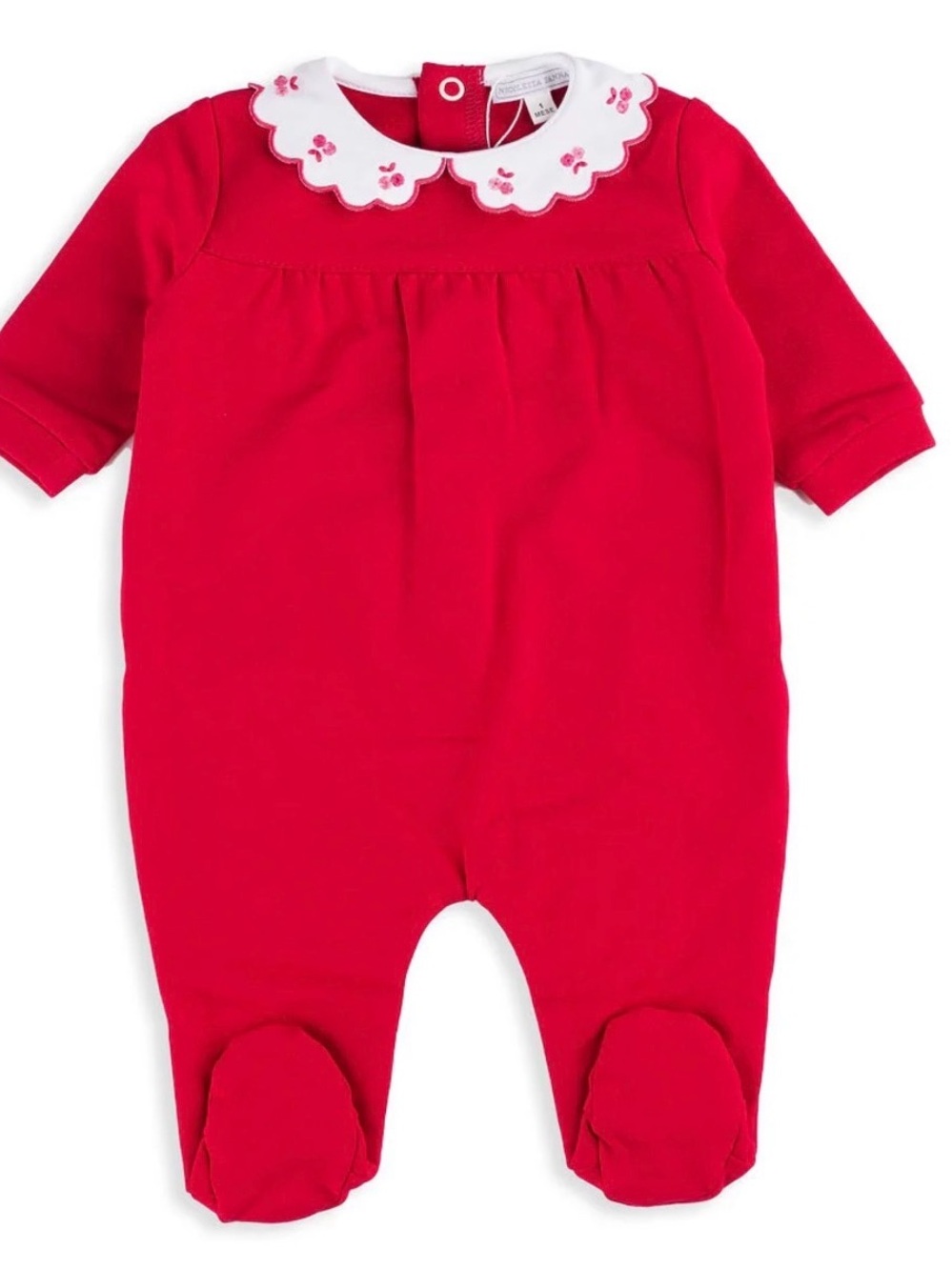 Cannella Raspberry Red Fleece Lined Romper with Cherry Embroidered Collar